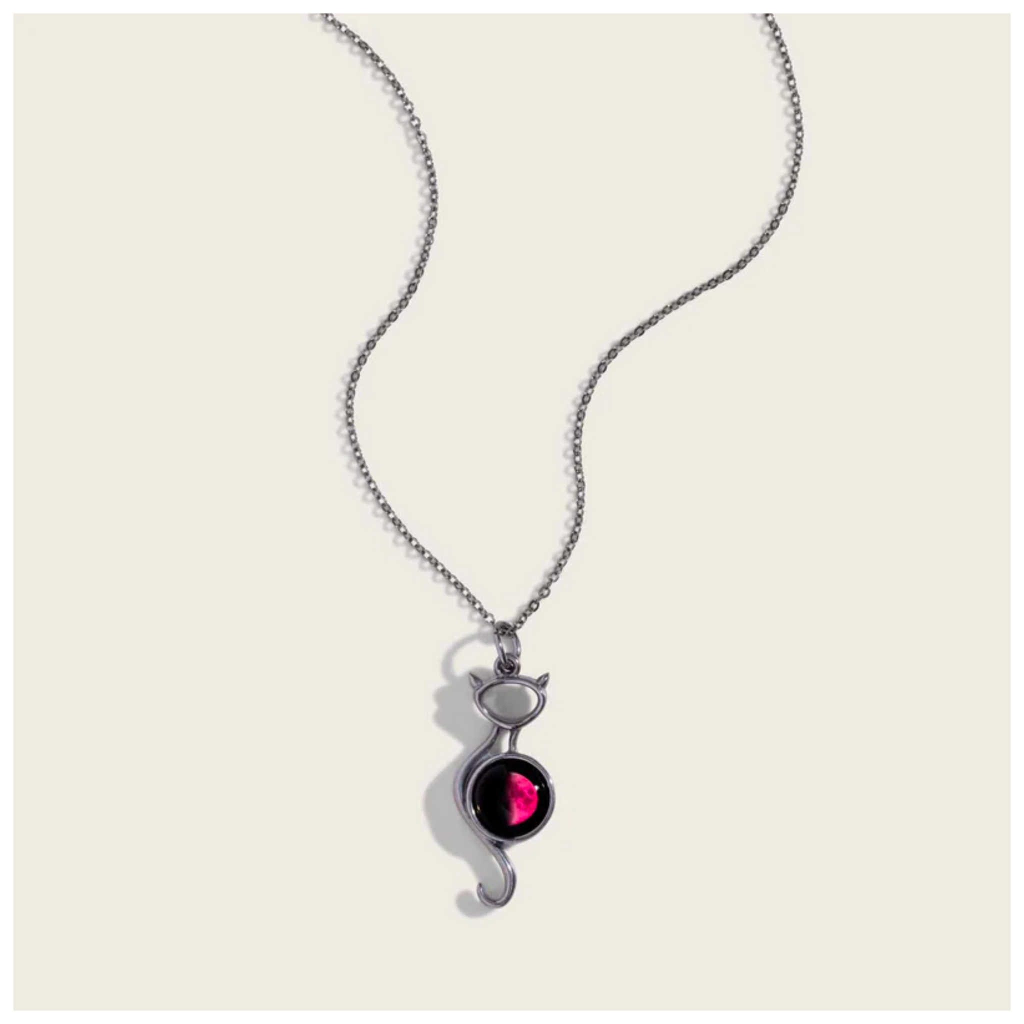 Pink Moon Black Cat on the Moon Necklace